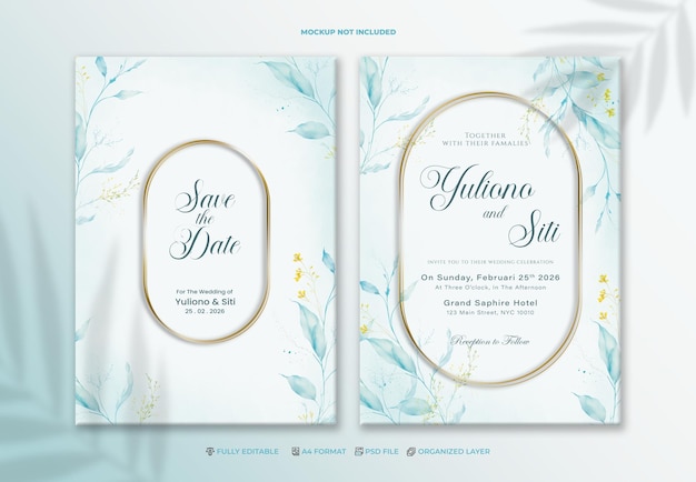 PSD Save the date card bruiloft uitnodiging sjabloon met blauwe bloemen