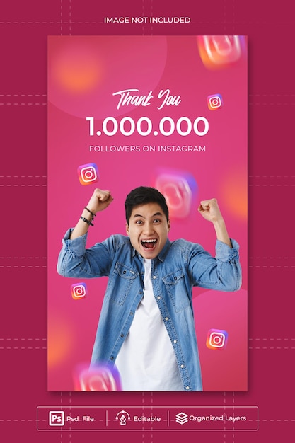PSD psd says thanks for celebration of 1 million followers on instagram for social media square template