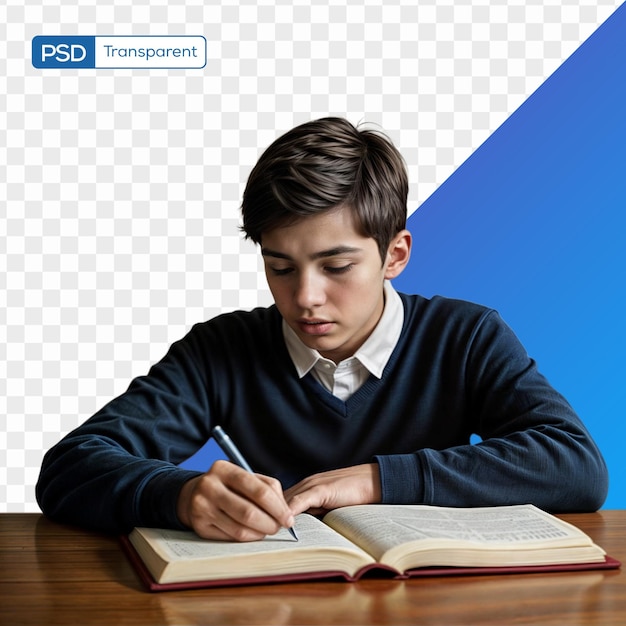 PSD psd school boy doing homework isolated transparent background