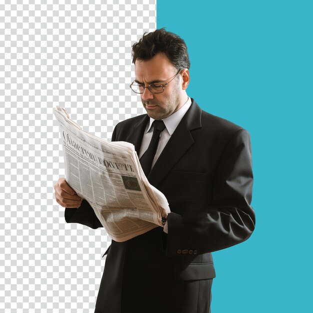 PSD psd senior businessman reading newspaper realistic on isolated transparent background