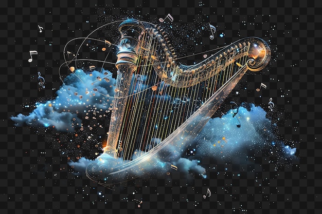 PSD psd seraphic harp cloud с небесными струнами арфы и shimmeri y2k neon glow t-shirt tattoo ink art