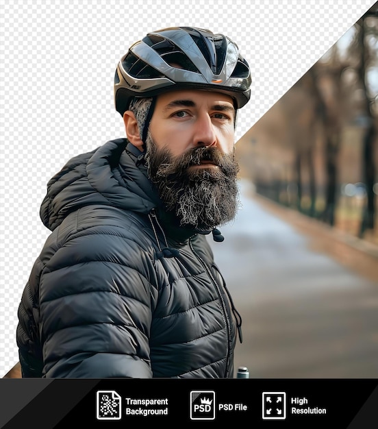 PSD psd serieuze aantrekkelijke baarde fietser in beschermende hoofddoek die op het fietspad in een park staat png