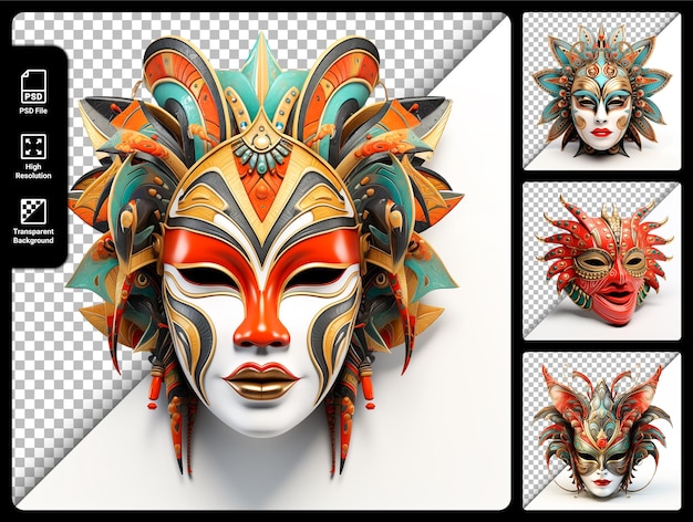 PSD psd set of carnival masks isolated on transparent background