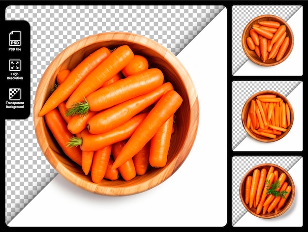 PSD psd set of carrots in a wooden bowl isolated on transparent background