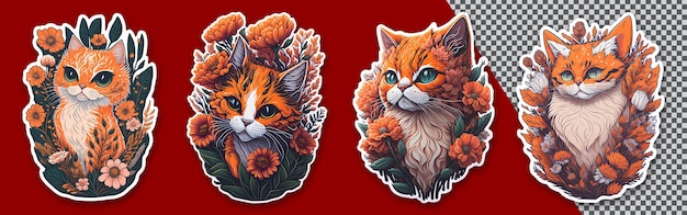 Psd set cat and flower sticker with transparant background