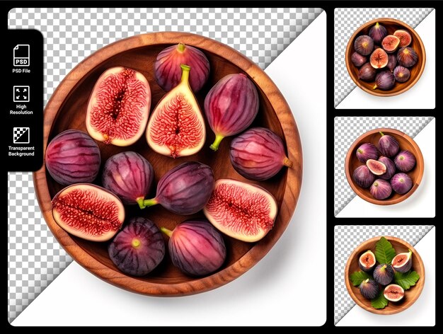 Psd set of figs in a wooden bowl isolated on transparent background