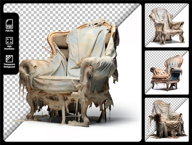 PSD psd set of old torn and tattered chair isolated on transparent background