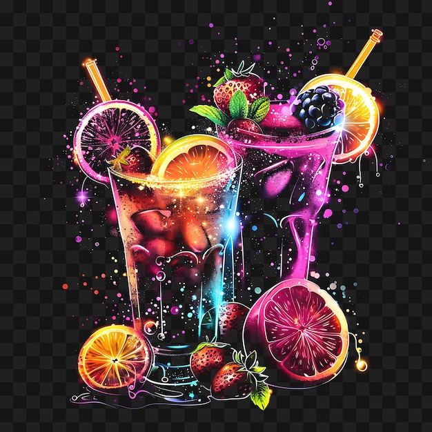 Psd of shimmering electrified fruit smoothies blending and mixing f y2k glow neon outline design