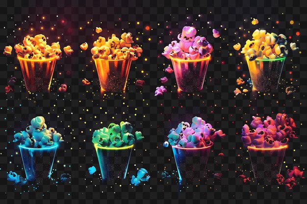 Psd of shimmering electrified popcorn buckets bursting and popping y2k glow neon outline design