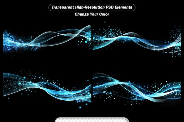 PSD psd shiny color blue wave design with bokeh lights set