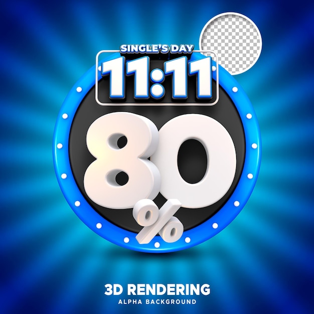 Psd singles day sale 80 procent 3d-rendering met alpha achtergrond