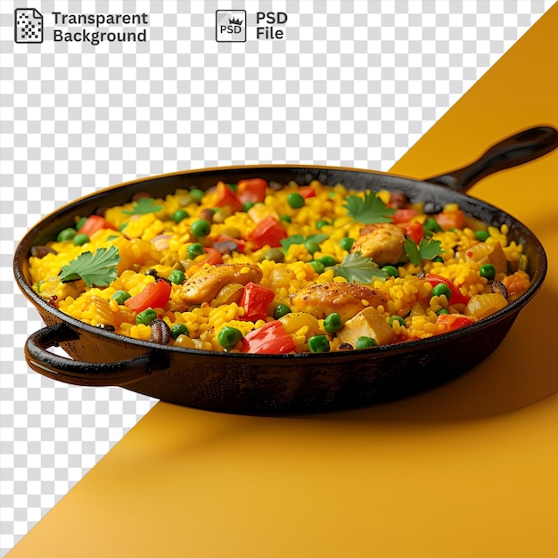 Psd sizzling skillet of paella with chicken and green leaf served on a yellow table with a black handle