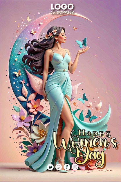 PSD psd-sjabloon gelukkige vrouwendag fullbody een vrouw in een roze jurk met vlinders en bloemen