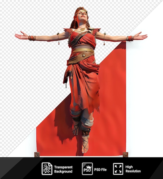 PSD psd skadi norse goddess statue with extended arms and legs adorned with a gold belt stands in front of a red background