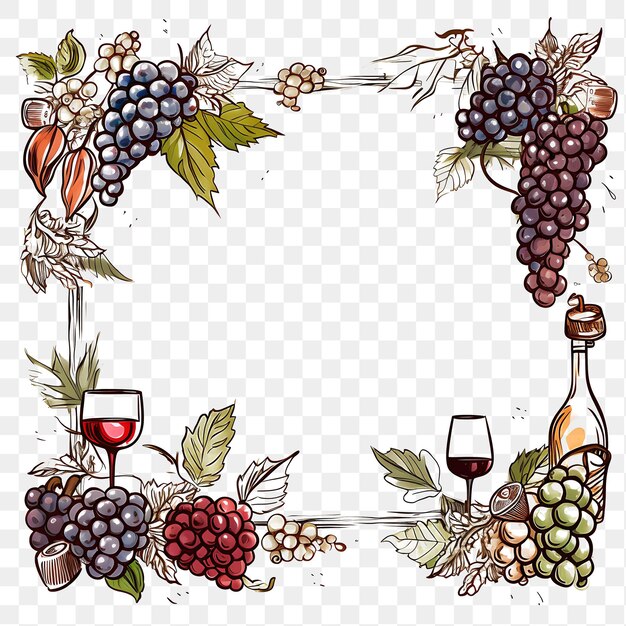 Psd sketch style square frame with wine glasses grapes and chees 2d frame design outline tshirt