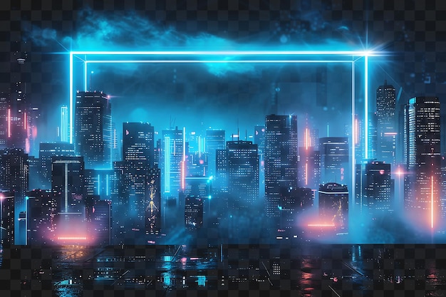 PSD psd skyline metropolis light neon frame with futuristic metropol outline collage art transparent