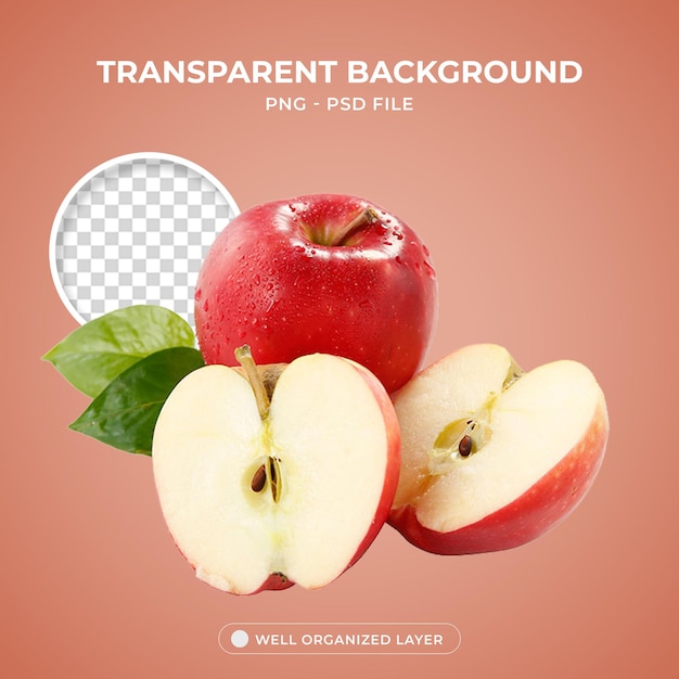 Psd Sliced apple with leaf Transparent Background with 3D Brain Element Object