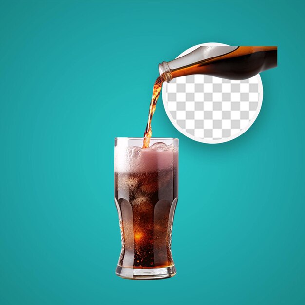 Psd smakelijke cola drank met ijsblokjes in een glas met doorzichtige achtergrond