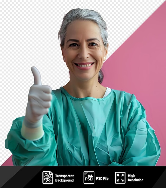 Psd smiling middle aged woman wearing a surgical gown showing thumbs up png psd