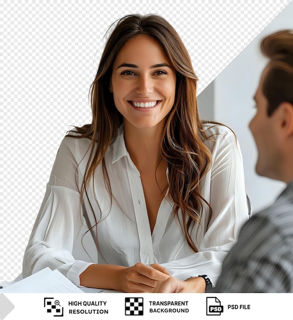 PSD psd smiling pleased lady boss with documentation sitting at the table before her male office worker png