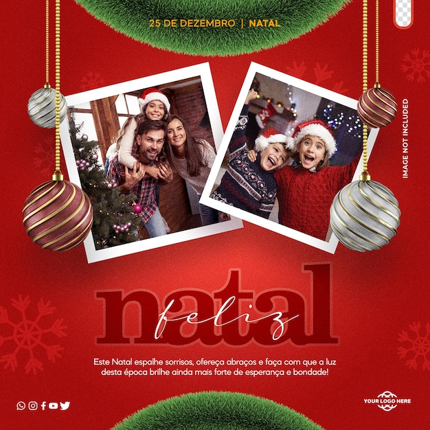 Psd social media marketing template 3d merry christmas in portuguese in brazil feliz natal