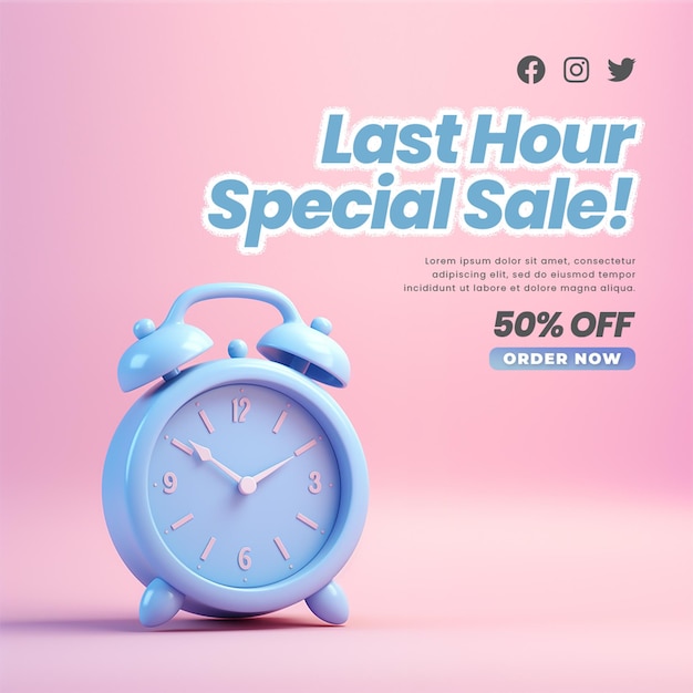 PSD psd social media post sale template with alarm clock