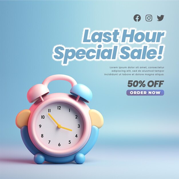 PSD psd social media post sale template with alarm clock