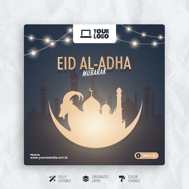 PSD Social Media posy for Aid AlAdha Mubarak with a moon and lights