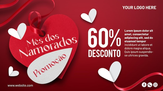 PSD modello di social media psd promozione del mese di san valentino con uno sconto fino al 60% su sfondo rosso