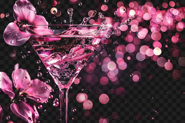 Psd of sparkling pink martini with cascading bubbles and splashes p y2k glow neon outline design