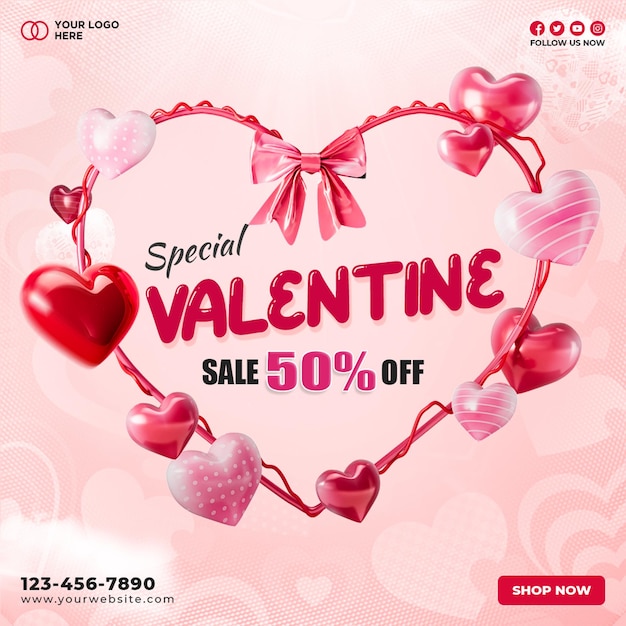 PSD psd special happy valentines day social media post discount sale design template and 3d love hearts