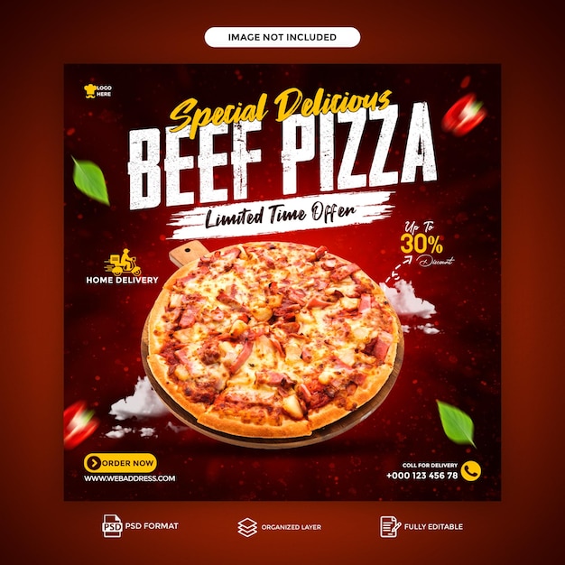 PSD specjalne menu z pyszną pizzą i restauracją szablon postu na instagramie w mediach społecznościowych