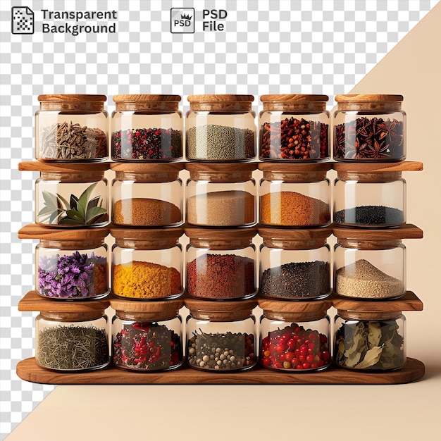 PSD psd spice rack displaying a variety of spices in glass jars against a yellow wall