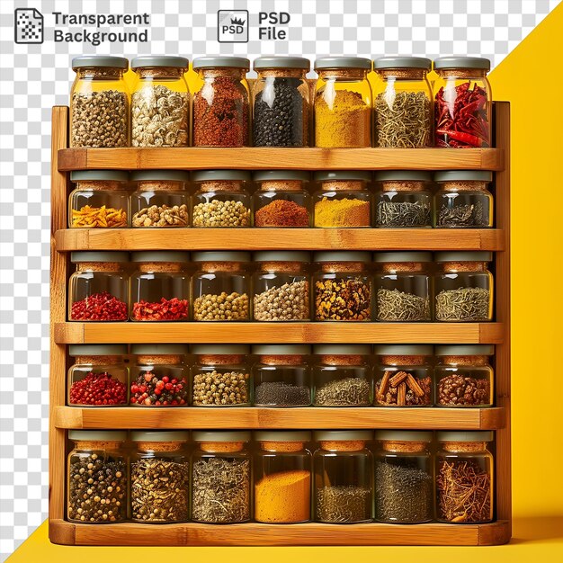 PSD psd spice rack displaying a variety of spices in glass jars against a yellow wall