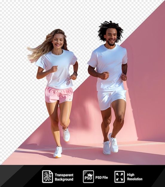 PSD psd sport zdrowie i sport mężczyzna i kobieta stoją przed różową ścianą mężczyzna nosi białą koszulę i różowe szorty podczas gdy kobieta nosi białą koszulę i png psd