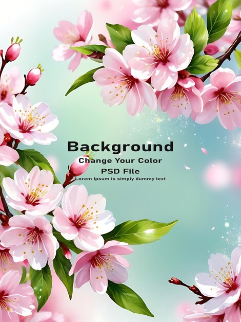 PSD psd spring greeting fresh bloom flowers leaves watercolor cherry blossom holiday background design