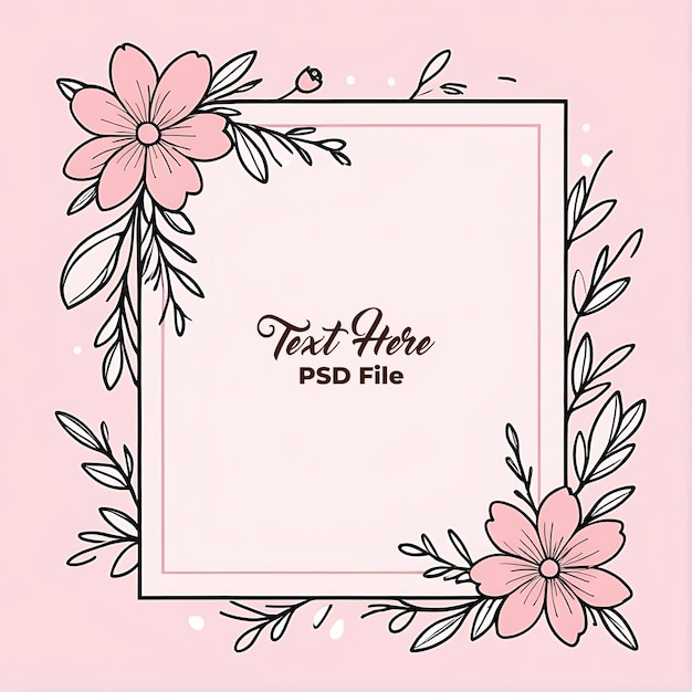 Psd spring greeting pink floral frame with rectangle thank you card watercolor background