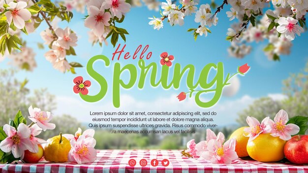 PSD 春のテーブルに花をかせて美しい自然を描いたpsd 春の販売バナーテンプレート