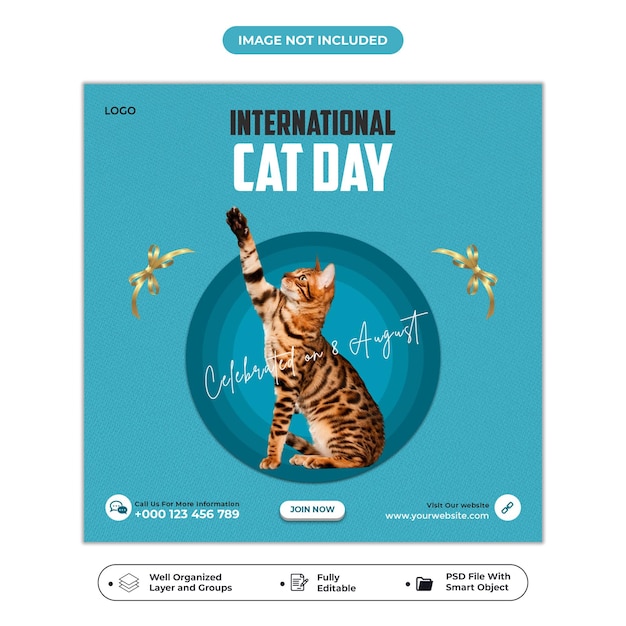 PSD psd квадратный флаер и шаблон поста в социальных сетях для дня животных и 8 августа дня кошек