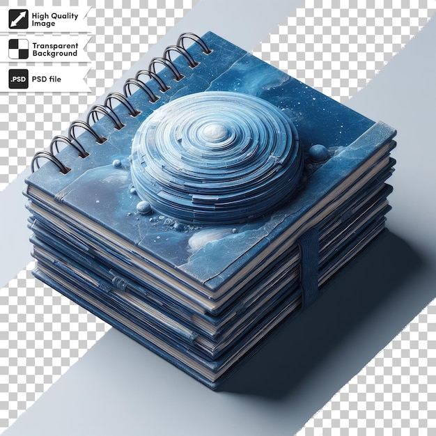 Psd stack of blue old books and notebooks on transparent background