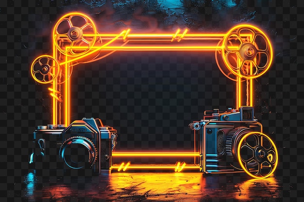 PSD psd straight lines light neon frame with vintage cameras and fil outline collage art transparent