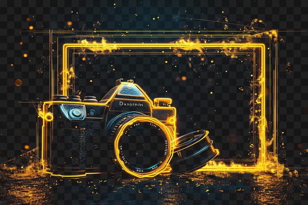 Psd straight lines light neon frame with vintage cameras and fil outline collage art transparent