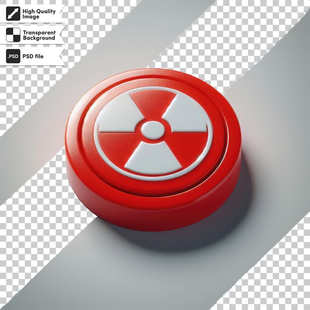 Psd stralingswaarschuwingsbord op rode gevaarsknop op doorzichtige achtergrond met bewerkbare maskerlaag