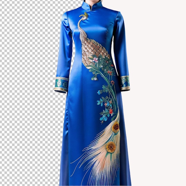 PSD psd of a stylish blue silk ao dai with peacock embroidery on transparent background