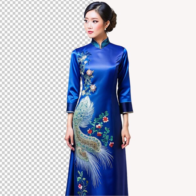 PSD psd of a stylish blue silk ao dai with peacock embroidery on transparent background