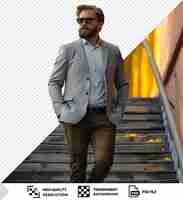 PSD psd stylish businessman ascending the wooden stairs outdoors dressed in a blue and gray shirt black belt and brown pants png psd