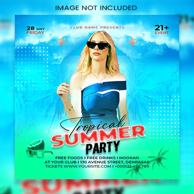 PSD psd summer beach party flyer with girl party social media square banner template