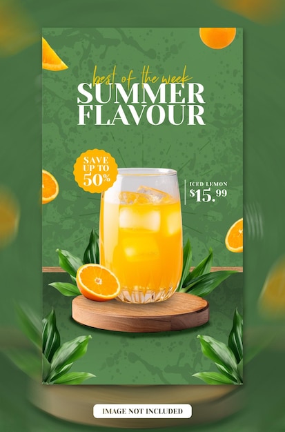 PSD modello di banner della storia di instagram dei social media per la promozione del menu delle bevande estive psd