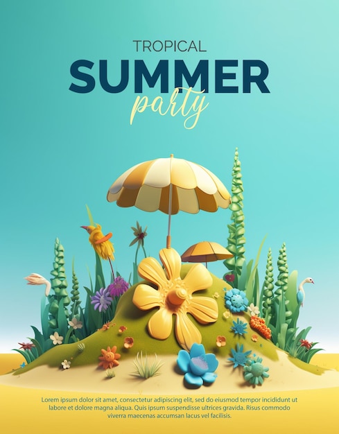 Psd summer sale banner poster with 3d summer element composition