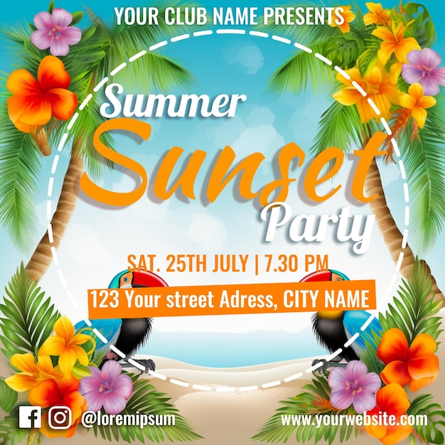 PSD summer sunset party background with flowers palm tree and birds with beautiful colors event